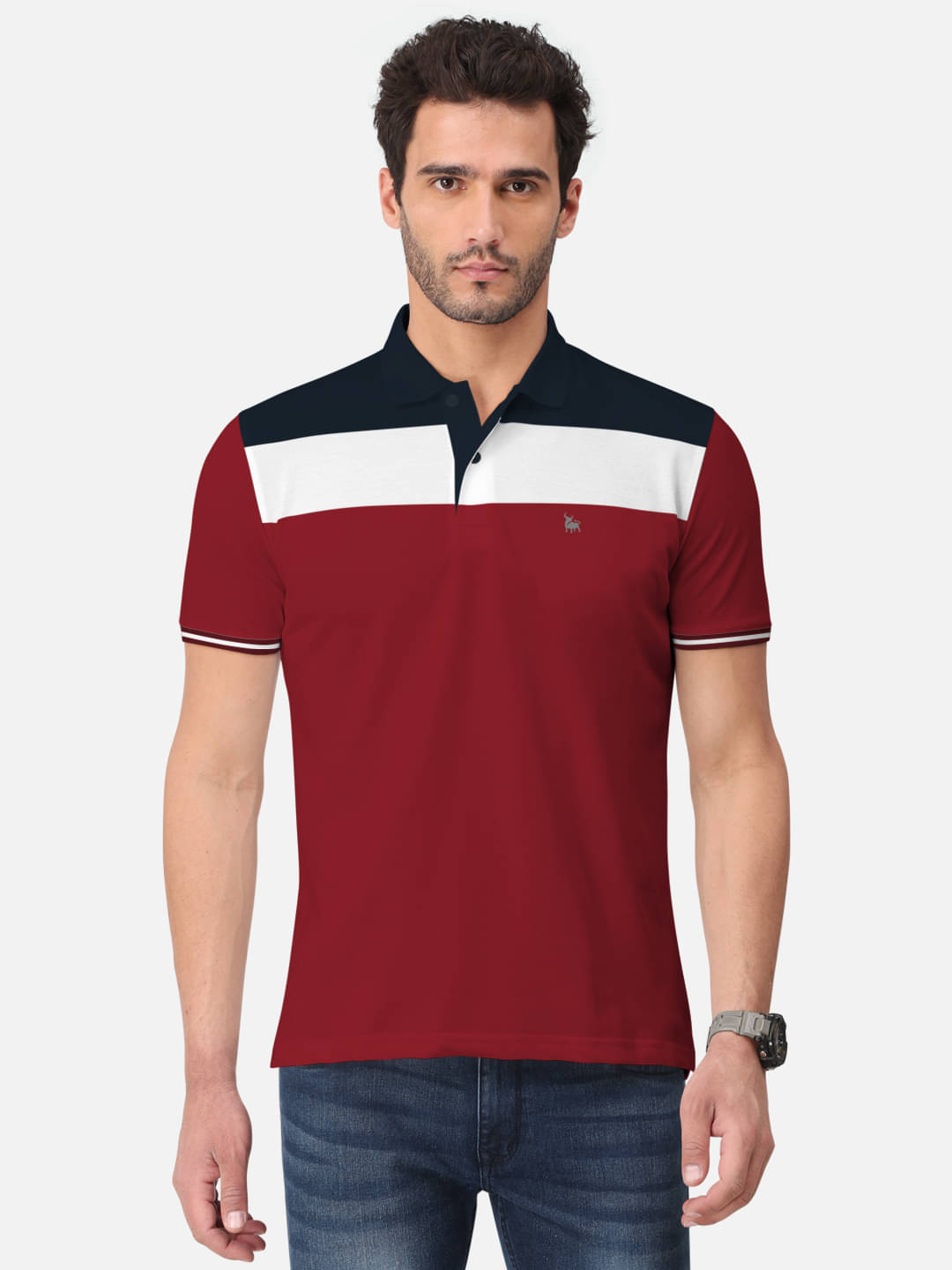     			BULLMER Pack of 1 Cotton Blend Regular Fit Colorblock Half Sleeves Men's Polo T Shirt ( Maroon )
