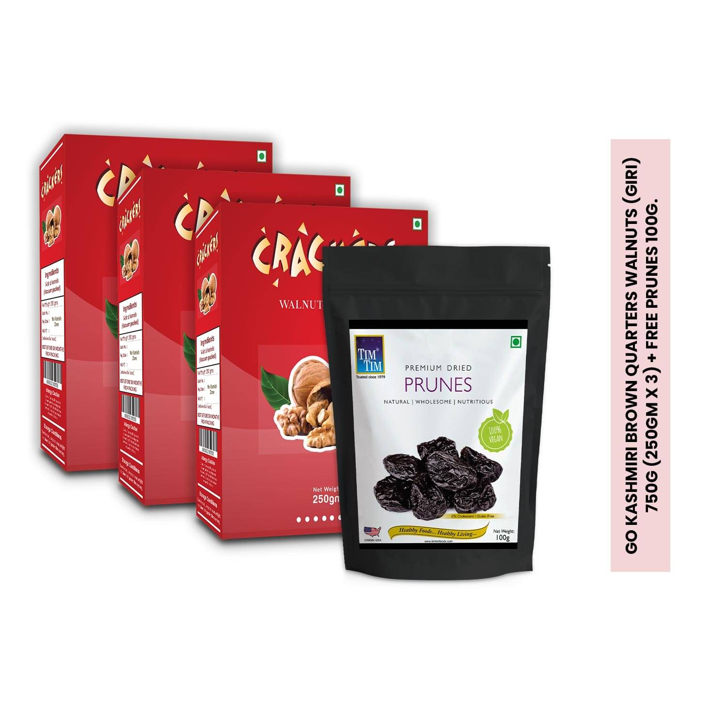     			GO Kashmiri Brown Quarters Walnuts (giri) 750g (250gm x 3) + free Prunes 100g worth Rs. 270.