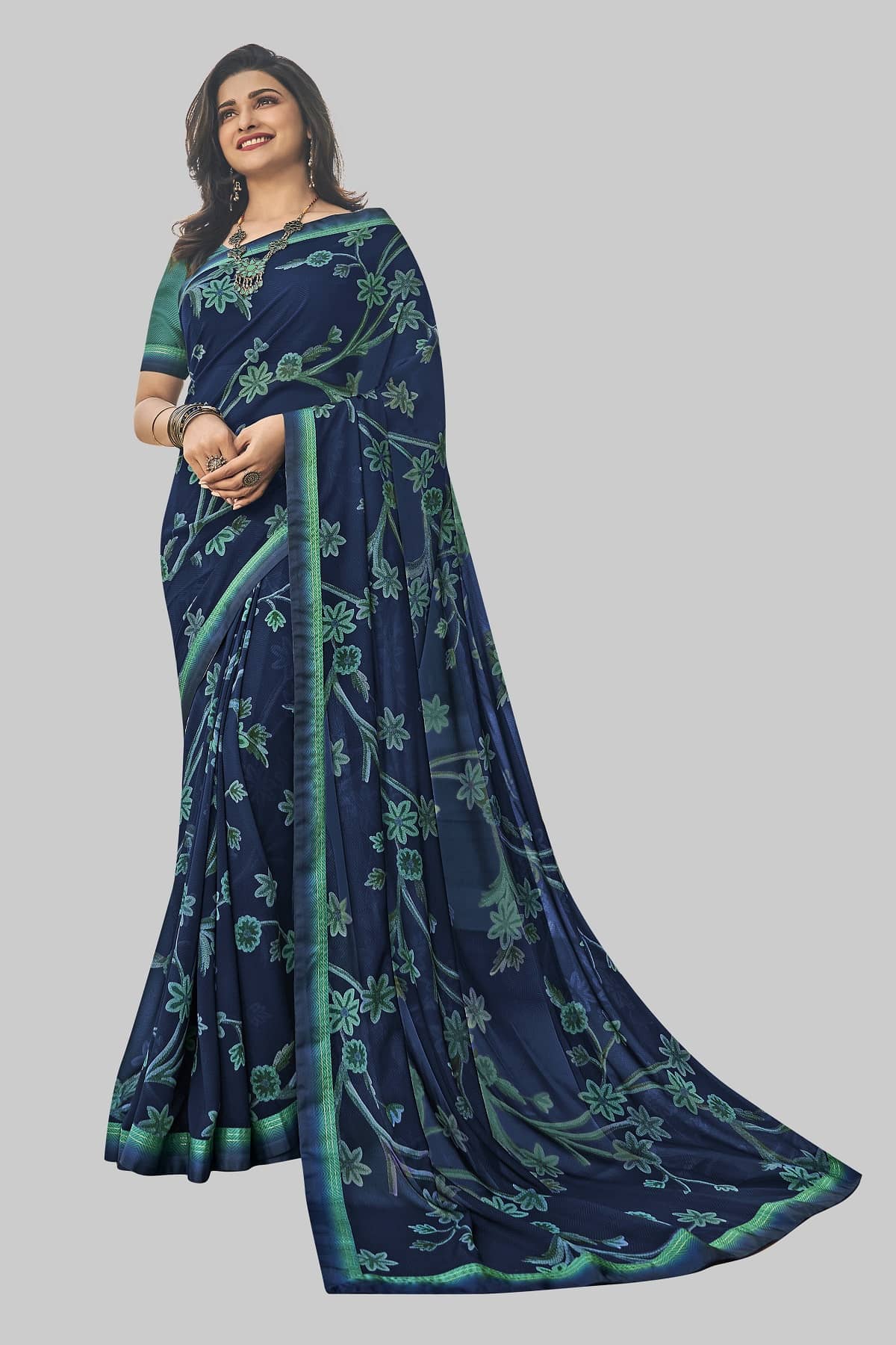 Gazal Fashions Chiffon Printed Saree With Unstitched Blouse Piece ( Blue ) - Sarees | Buy online on ZillyBuy