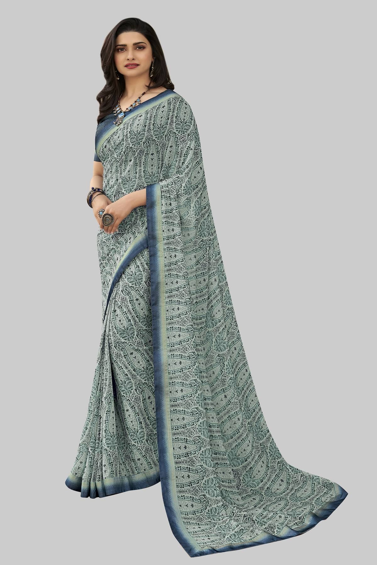 Gazal Fashions Chiffon Printed Saree With Unstitched Blouse Piece ( Grey ) - Sarees | Buy online on ZillyBuy
