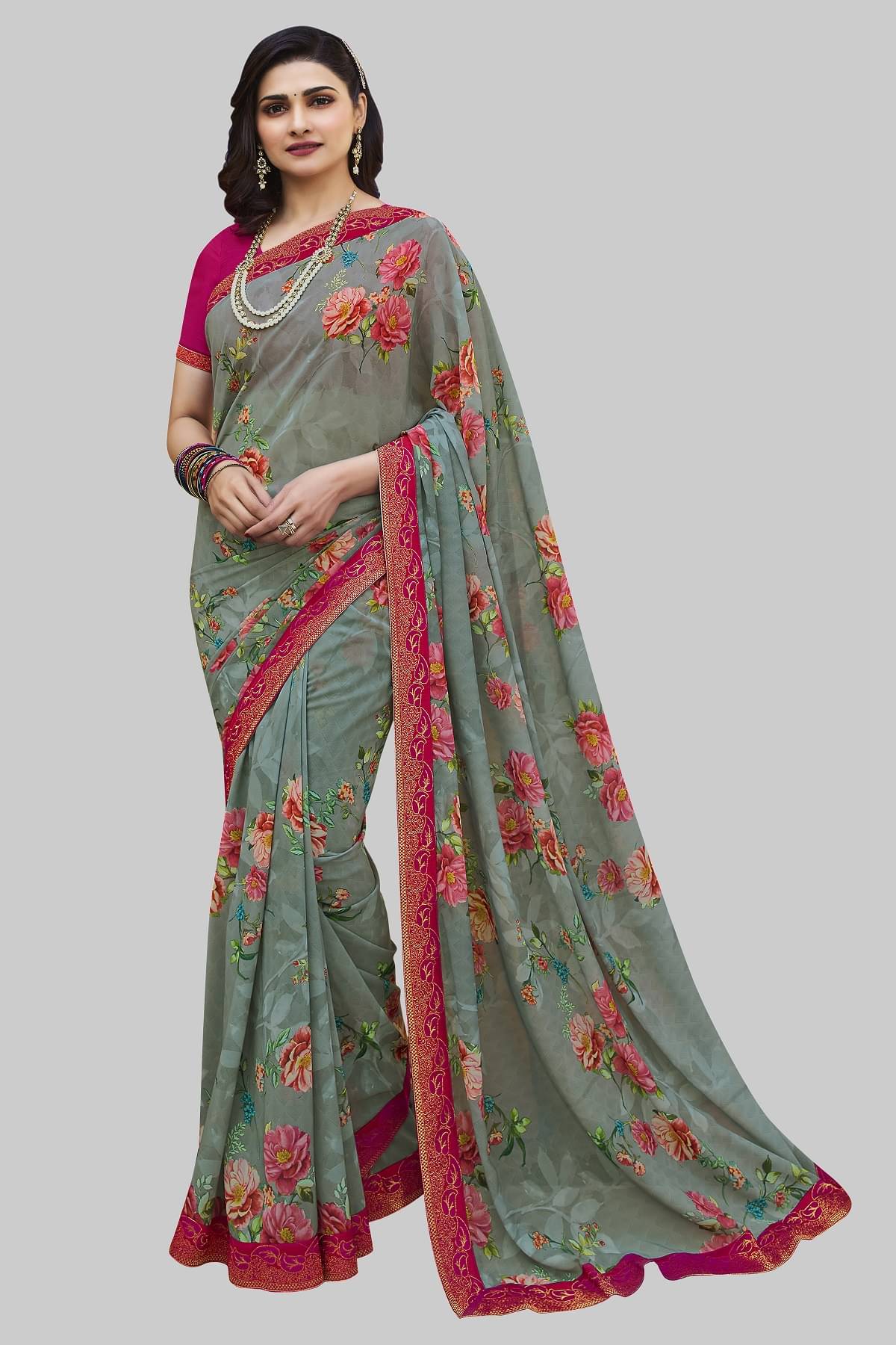     			Gazal Fashions Chiffon Printed Saree With Unstitched Blouse Piece ( Grey )