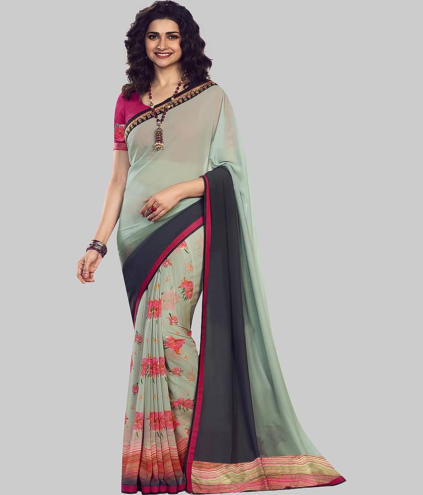 Gazal Fashions Chiffon Printed Saree With Unstitched Blouse Piece ( Light Green ) - Sarees | Buy online on ZillyBuy