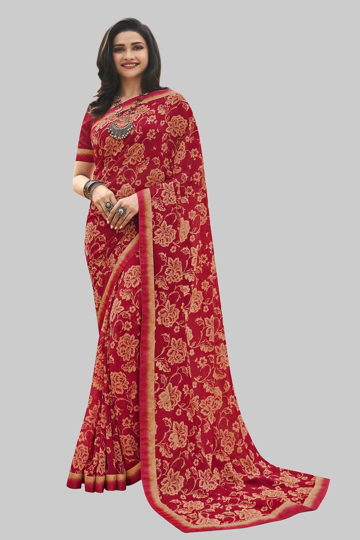 Gazal Fashions Chiffon Printed Saree With Unstitched Blouse Piece ( Red ) - Sarees | Buy online on ZillyBuy