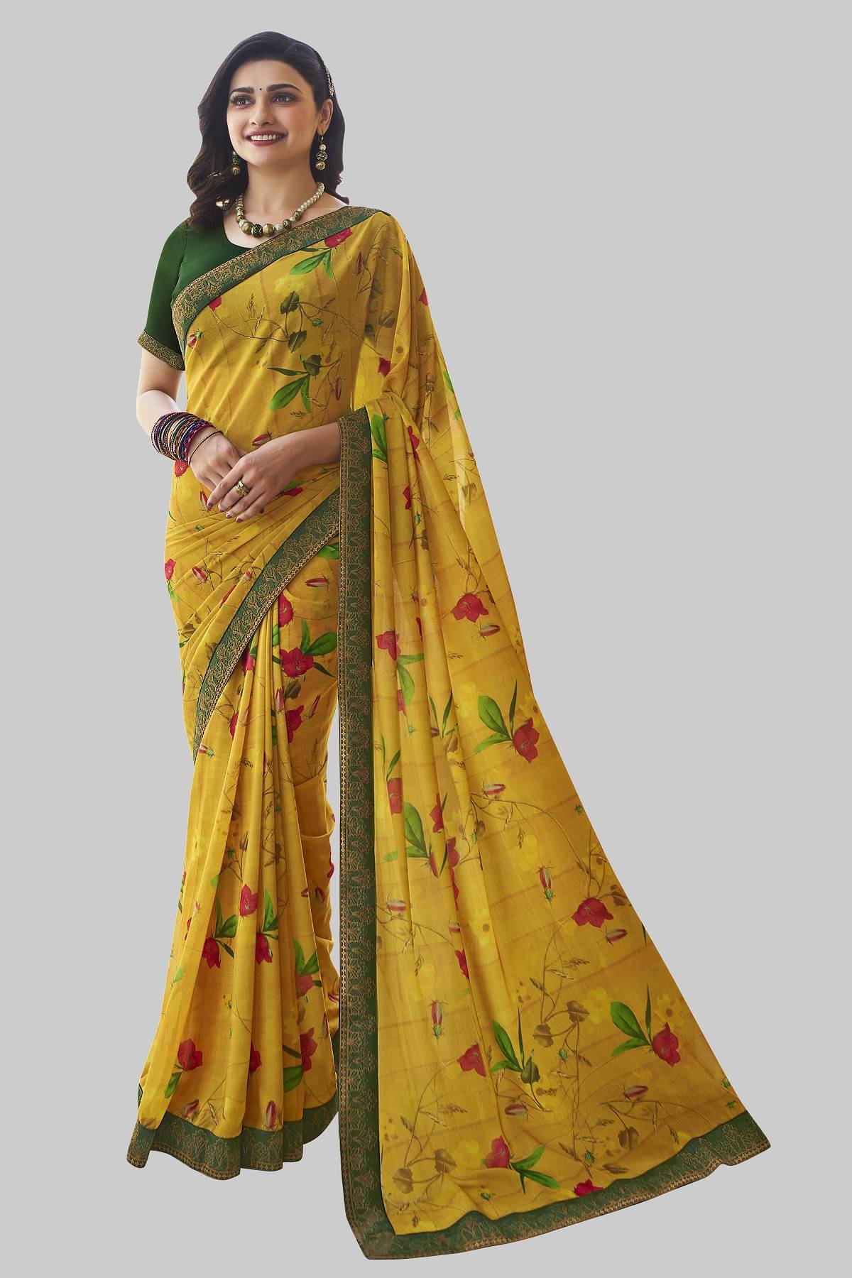 Gazal Fashions Chiffon Printed Saree With Unstitched Blouse Piece ( Yellow ) Gazal Fashions Chiffon Printed Saree With Unstitched Blouse Piece ( Yellow )