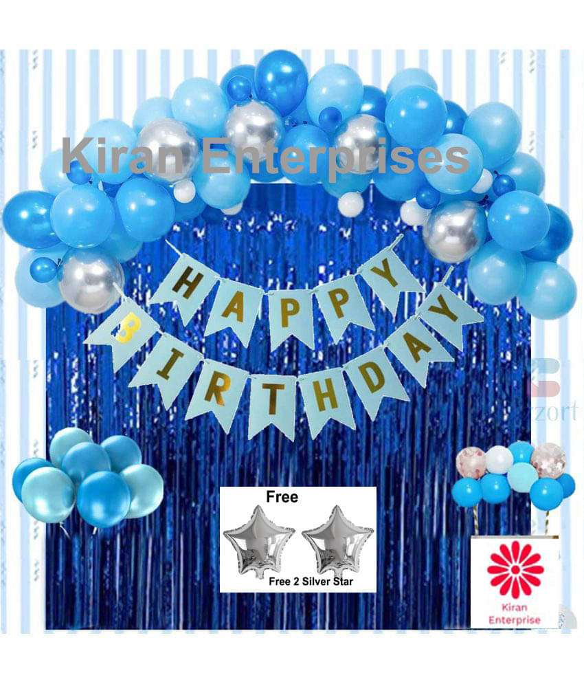     			Kiran Enterprise Happy Birthday Banner ( Blue ) + 2 Fringe Curtain ( Blue ) + 30 Metallic Balloon ( Blue, Silver, Sky Blue ) + 2 Star Free ( Silver )