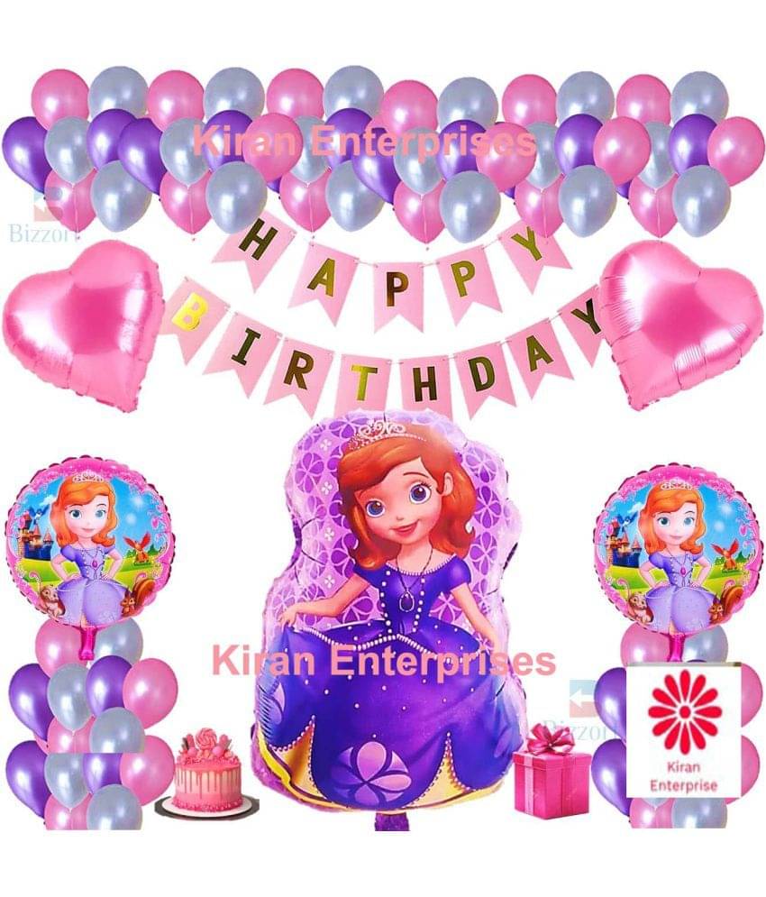     			Kiran Enterprises Happy Birthday Banner ( Pink ) + Printed Purple Princess Sofia Party Foil Balloon Set Of 5 Pcs Balloon + 30 Metallic Balloon ( Pink, Silver, Purple )