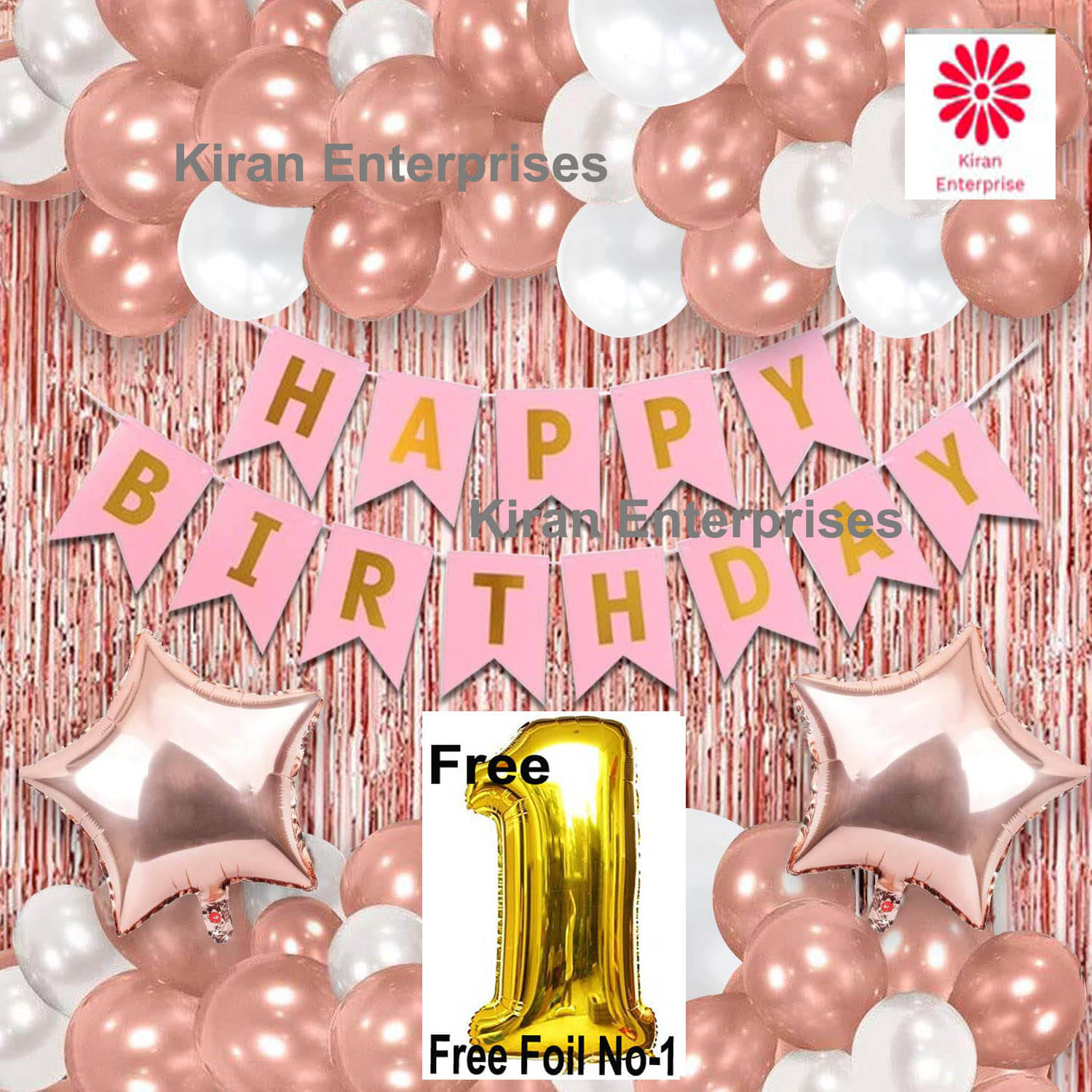     			Kiran Enterprises Happy Birthday Banner ( Pink ) + 2 Fringe Curtain ( Rosegold ) + 2 Foil Star ( Rosegold ) + 30 Metallic Balloon  ( Rosegold, White ) + Free Foil No- 1