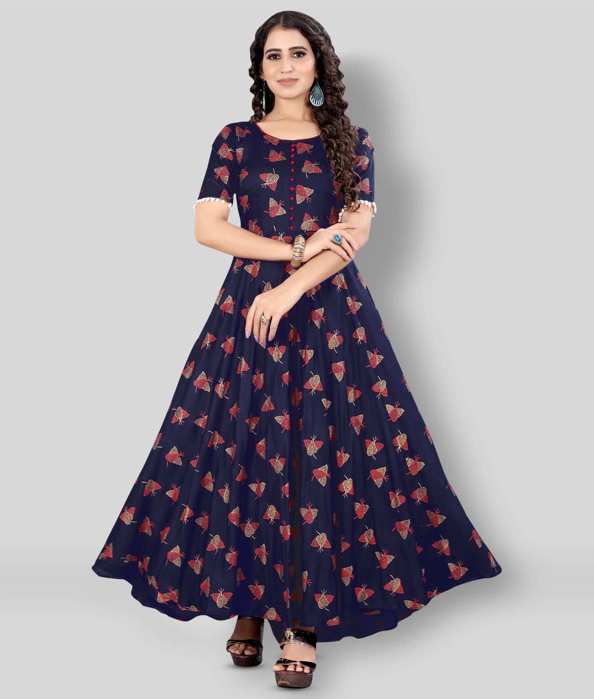 MEESORRA - Navy Rayon Women's Flared Kurti ( Pack of 1 ) - Kurtis, Tunics | Buy online on ZillyBuy