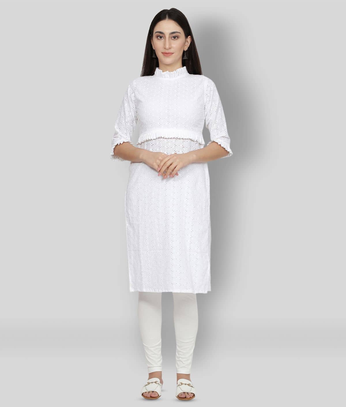 NUEVOSDAMAS - White Cotton Blend Women's Straight Kurti - Kurtis, Tunics | Buy online on ZillyBuy