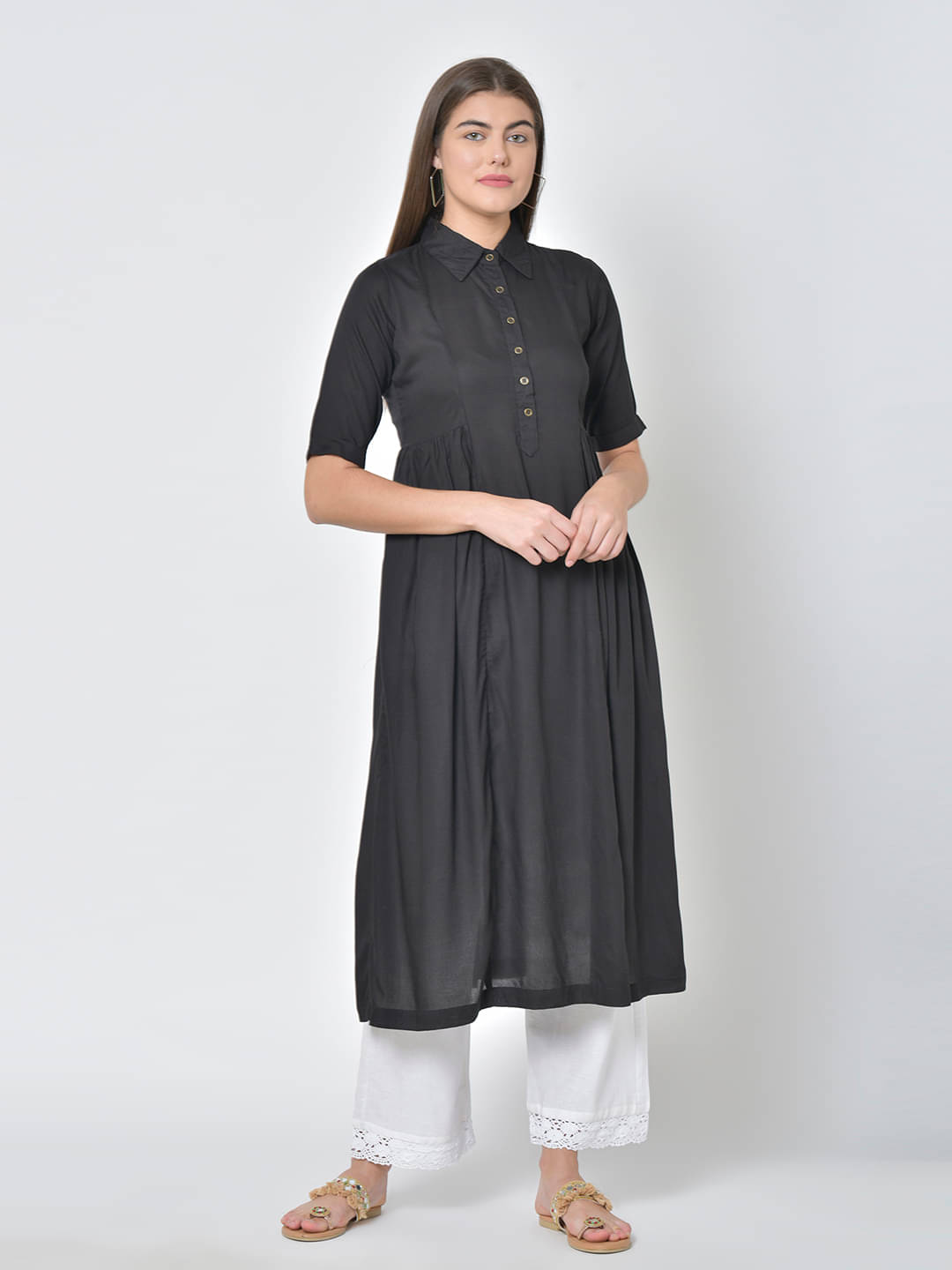     			Pistaa - Black Cotton Blend Women's Flared Kurti ( Pack of 1 )