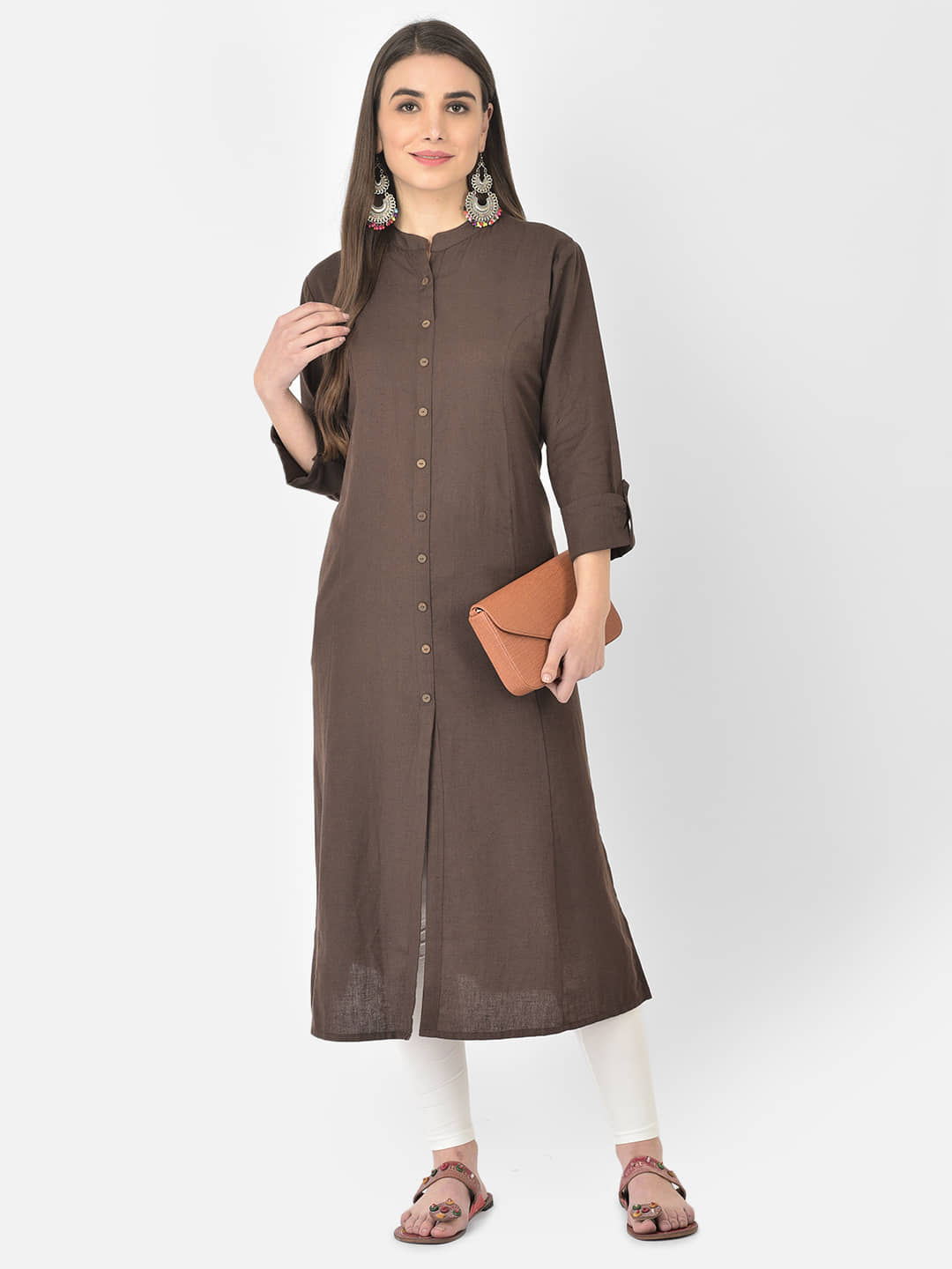 Pistaa - Brown Cotton Blend Women's Front Slit Kurti ( Pack of 1 ) - Kurtis, Tunics | Buy online on ZillyBuy