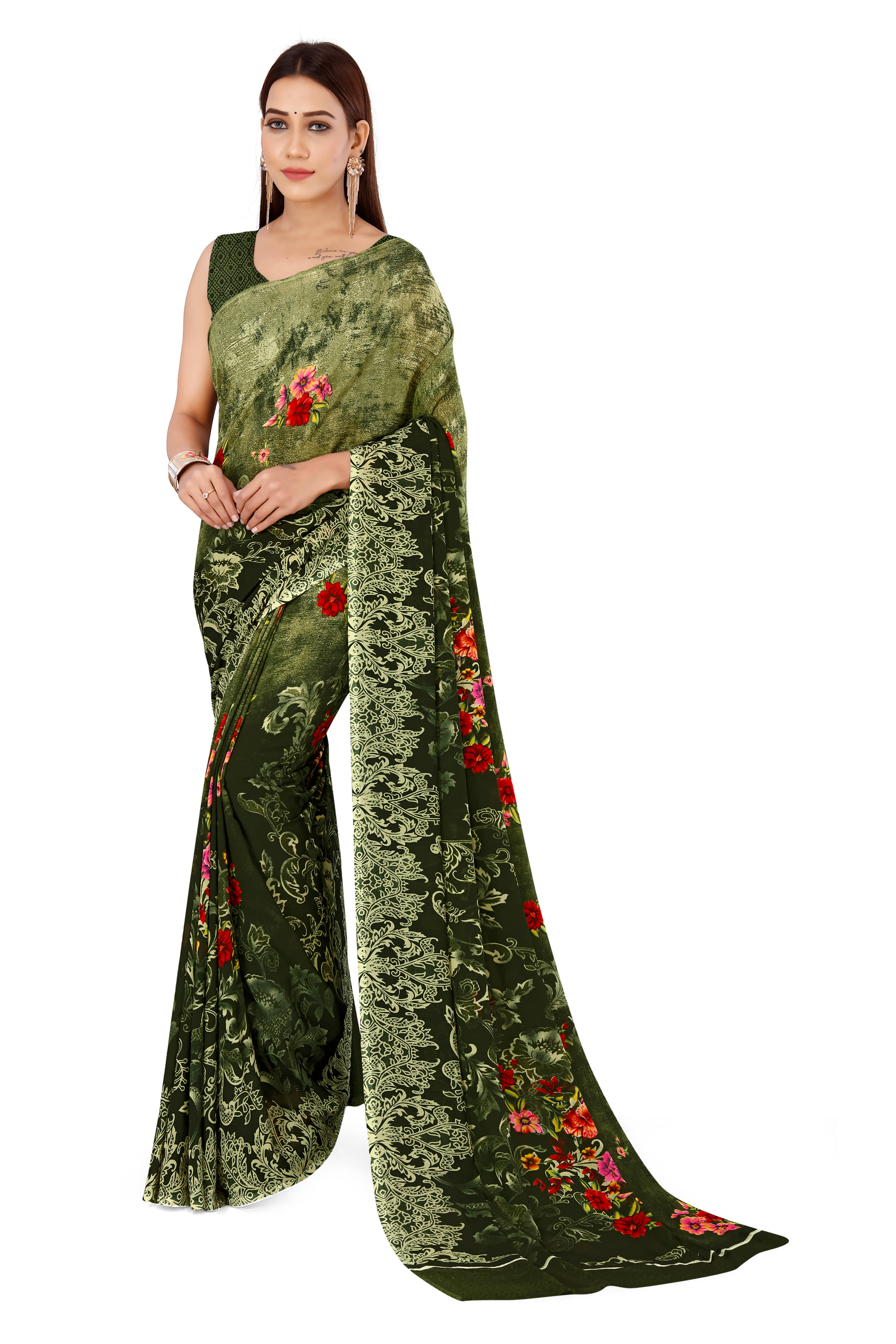 ANAND SAREES Renial Printed Saree With Stitched Blouse ( Green ) - Sarees | Buy online on ZillyBuy