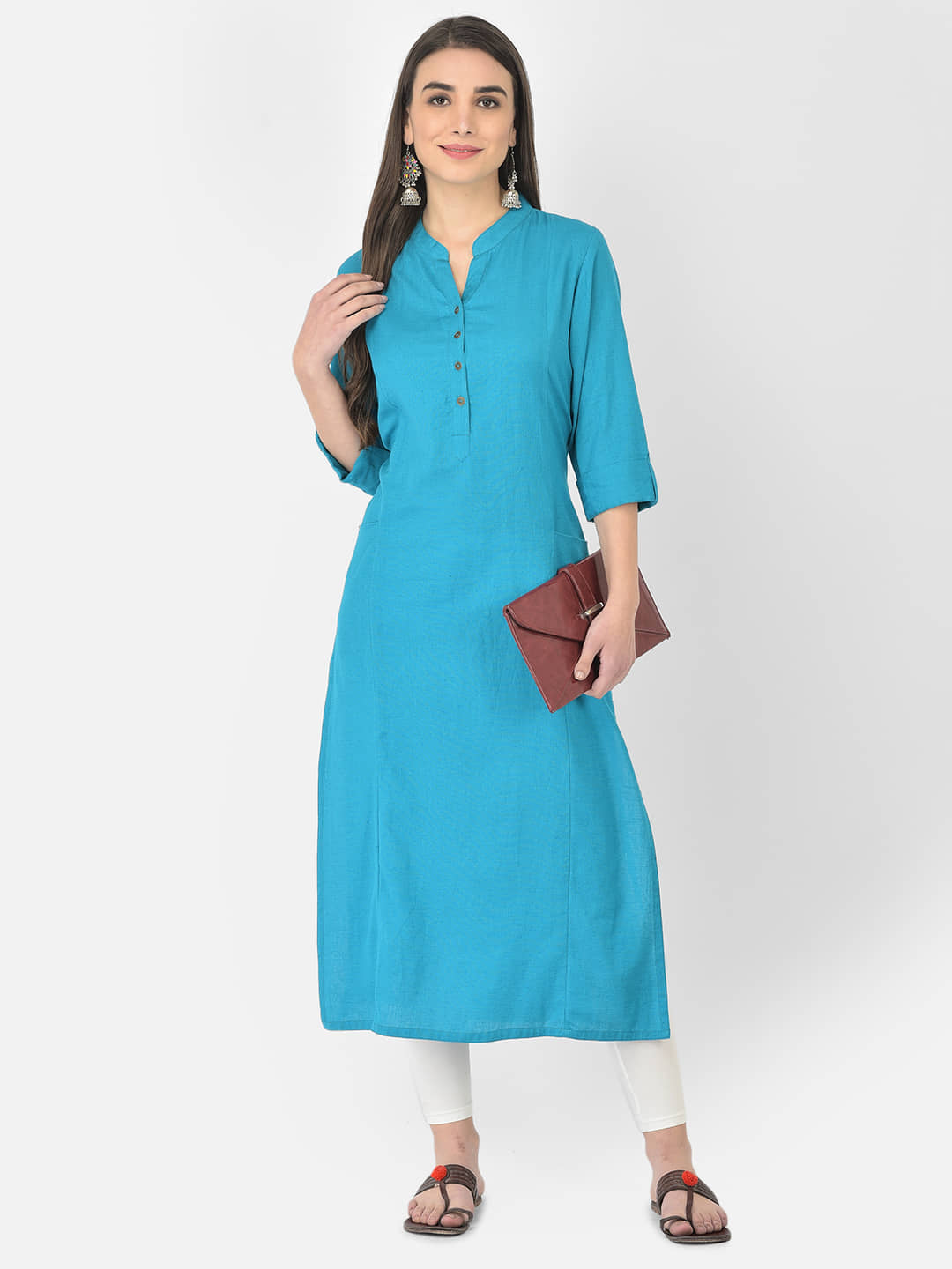 Pistaa - Turquoise Cotton Blend Women's Straight Kurti ( Pack of 1 ) - Kurtis, Tunics | Buy online on ZillyBuy