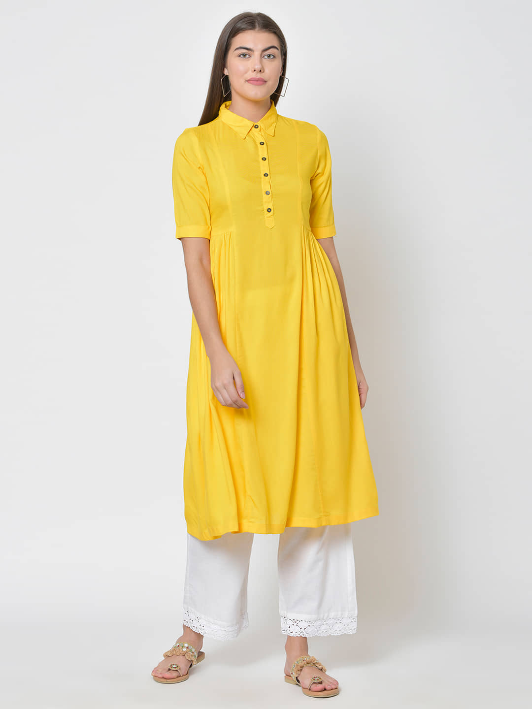 Pistaa - Yellow Viscose Women's Flared Kurti ( Pack of 1 ) - Kurtis, Tunics | Buy online on ZillyBuy