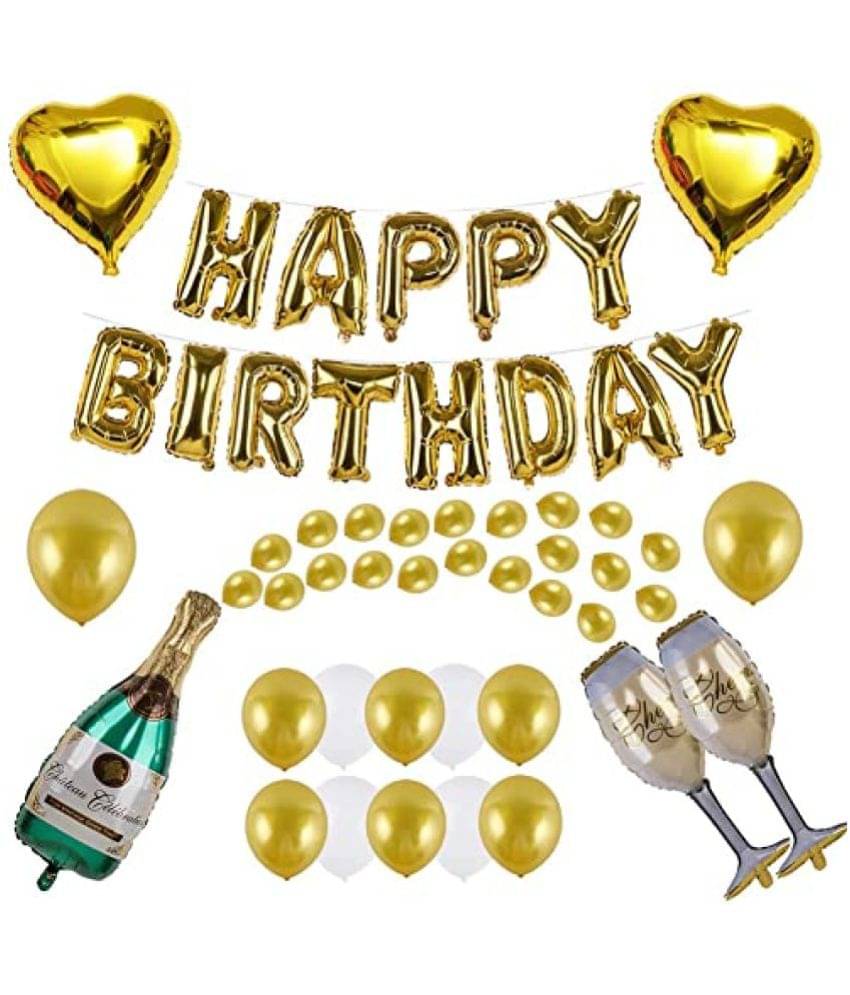     			Blooms Event   48 pcs Happy Birthday Combo Set - 1 Happy Birthday foil Balloon(Golden ) , 1 pc Green bottle balloon, 2 pcs cheers glass balloon, 2 pcs gold heart foil balloons, 15 pcs gold metallic balloons, 15 pcs white metallic balloons.