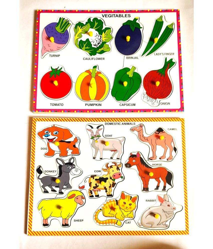     			Peters Pence - Wooden Multi Color Set of Vegetables and Domestic Animals Puzzle Learning Board Combo for Kids PRE Primary Education