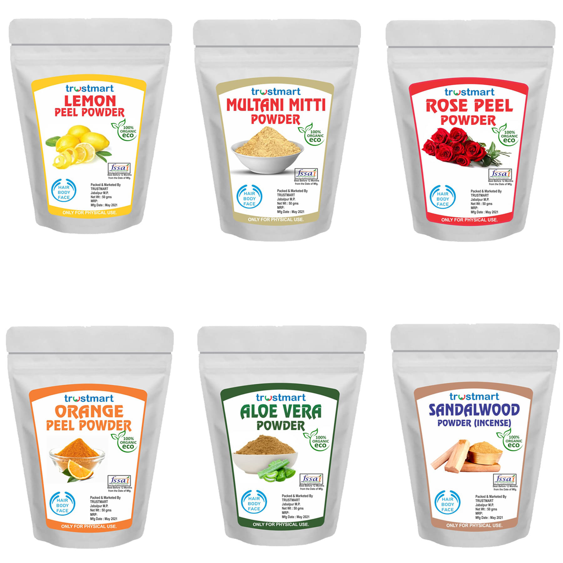     			TRUSTMART Orange Peel,Lamon Peel,Multani Mitti,Rose Peel,Sandalwood and Aloevera Leaf Powder Each-50g