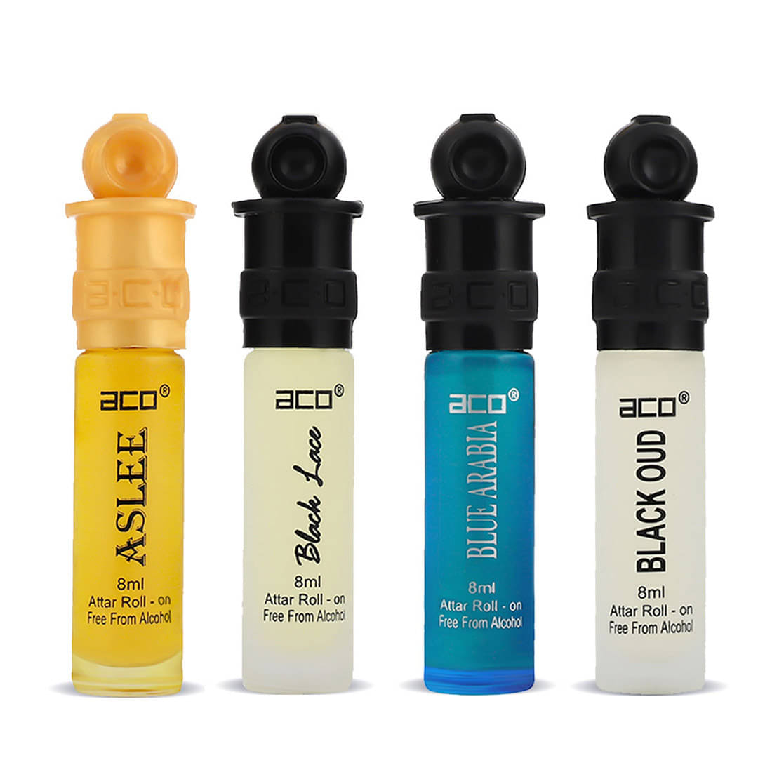     			Aco Set of 4 Attar, Aslee, Black Lace, Black Oud & Blue Arabia For Men, 8ml Each