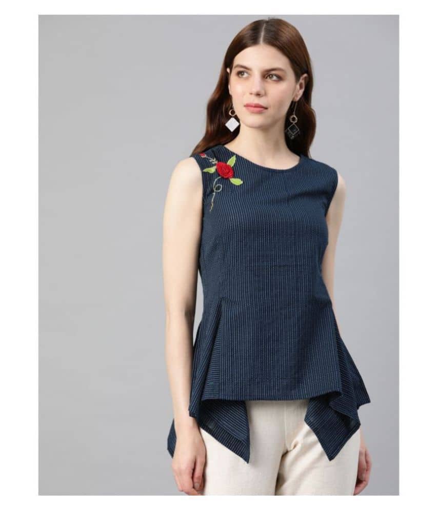 Yash Gallery Women's Cotton Asymmetrical Top ( Navy Blue )