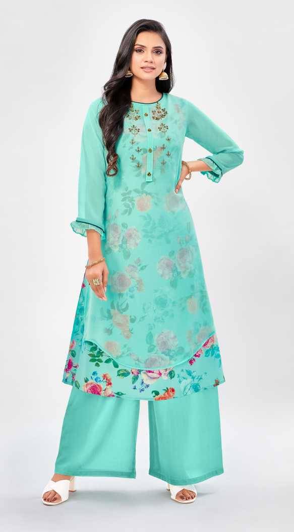 Durga Emporio - Light Blue A-line Georgette Women's Stitched Salwar Suit ( Pack of 1 ) Durga Emporio - Light Blue A-line Georgette Women's Stitched Salwar Suit ( Pack of 1 )