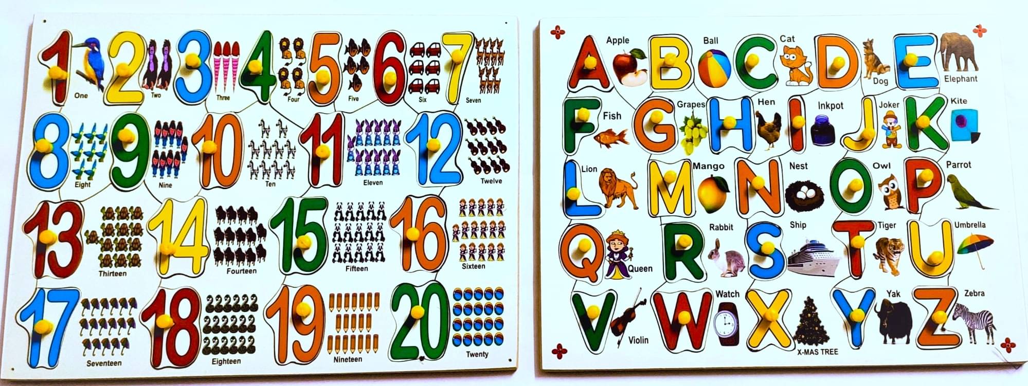     			Peters Pence English Alphabet Learning & Multi-Color Educational 1-20 Number with Counting Pictures Pegs Puzzle Tray with Knobs for Pre-Primary Kids Education
