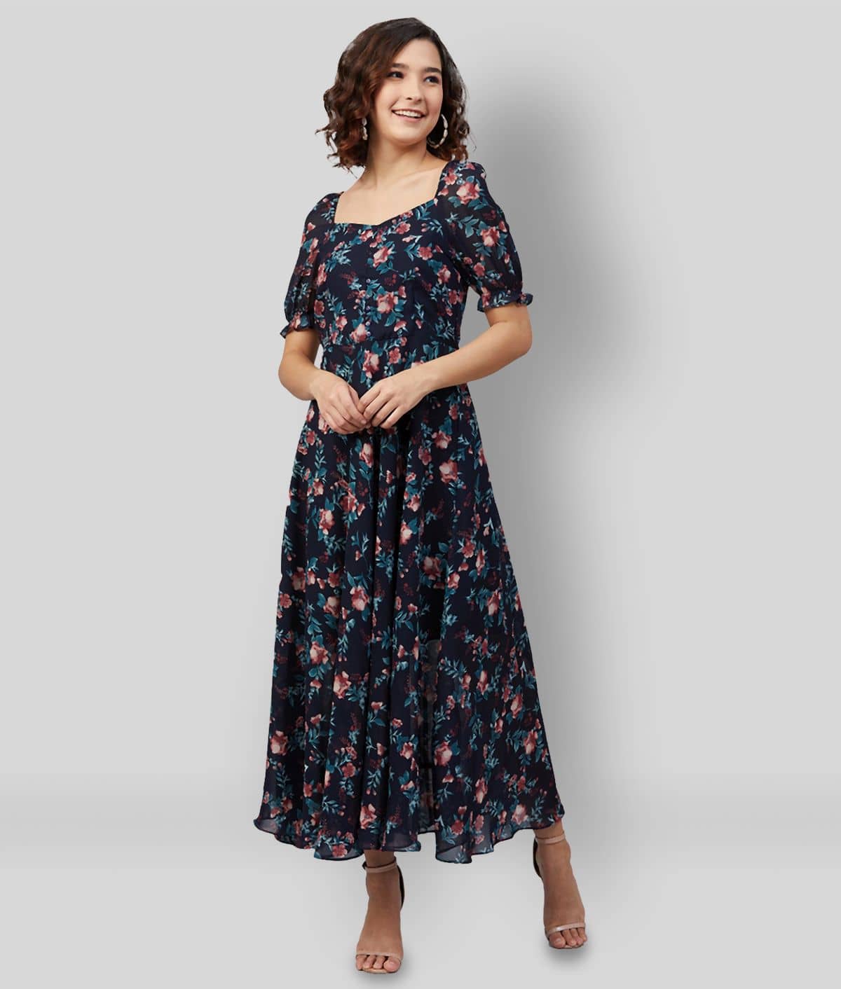 Rare Women Georgette Printed Fit & Flare Dress ( Navy Blue )