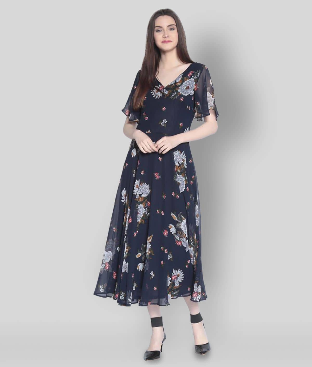 Rare Women Polyester Printed Fit & Flare Dress ( Navy Blue )