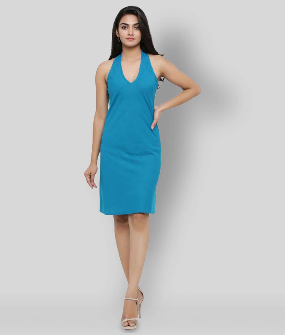 Yash Gallery Women Cotton Blend Solid A-line Dress ( Blue )
