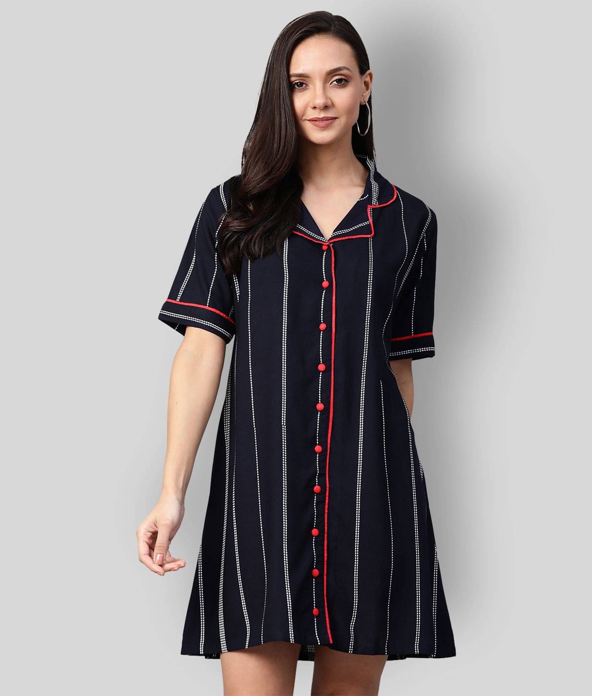 Yash Gallery Rayon Striped Maxi/ Full Length Women's Shirt Dress - Navy Blue ( Pack of 1 ) Yash Gallery Rayon Striped Maxi/ Full Length Women's Shirt Dress - Navy Blue ( Pack of 1 )