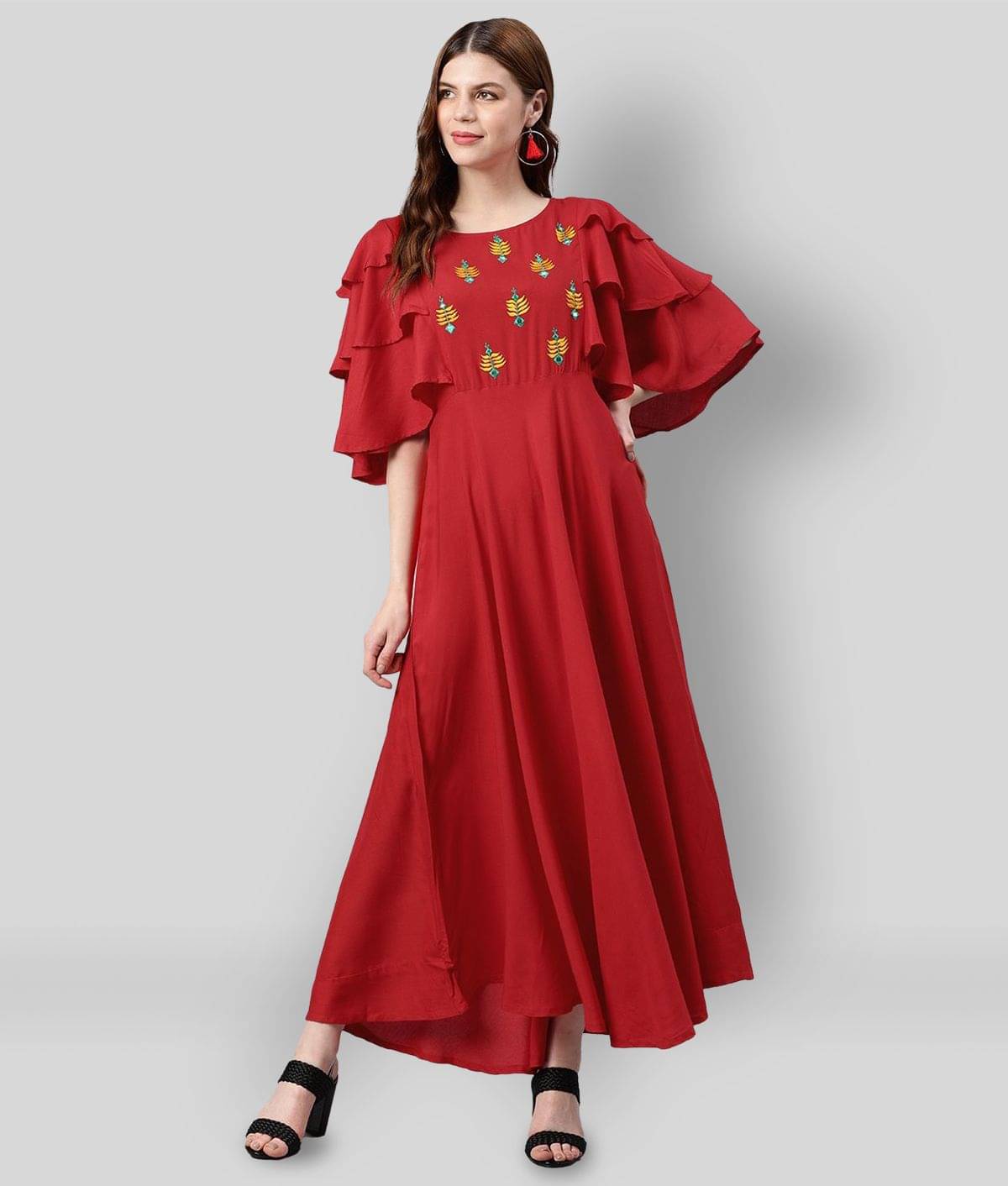 Yash Gallery Women Rayon Embroidered A-line Dress ( Red ) Yash Gallery Women Rayon Embroidered A-line Dress ( Red )