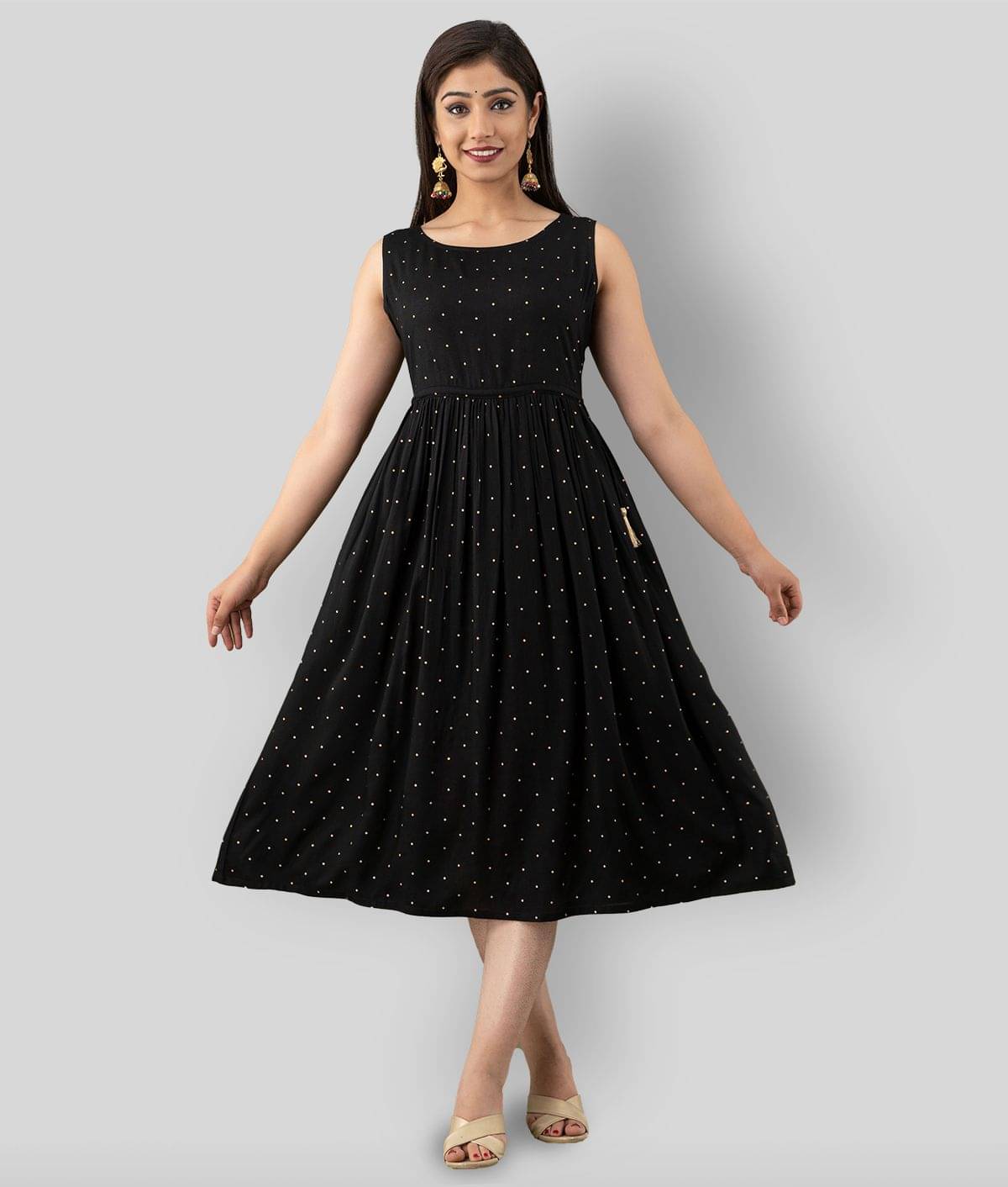     			FABRR Women Rayon Printed A-line Dress ( Black )