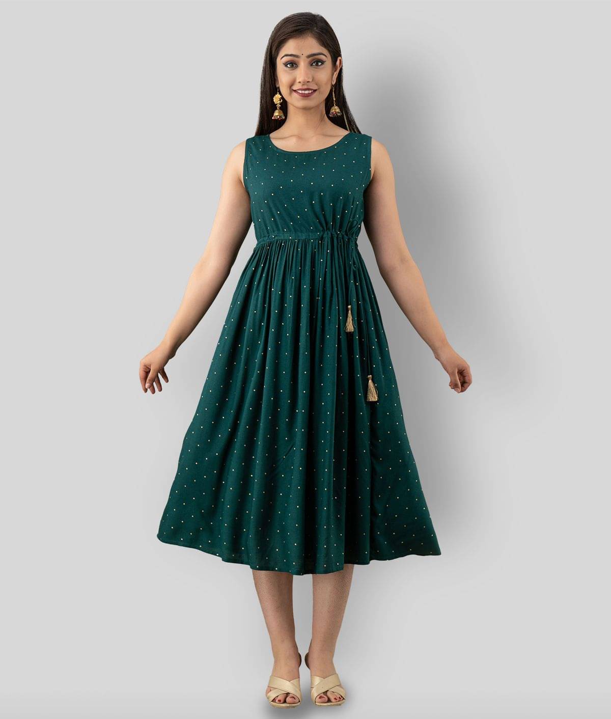     			FABRR Women Rayon Printed A-line Dress ( Green )