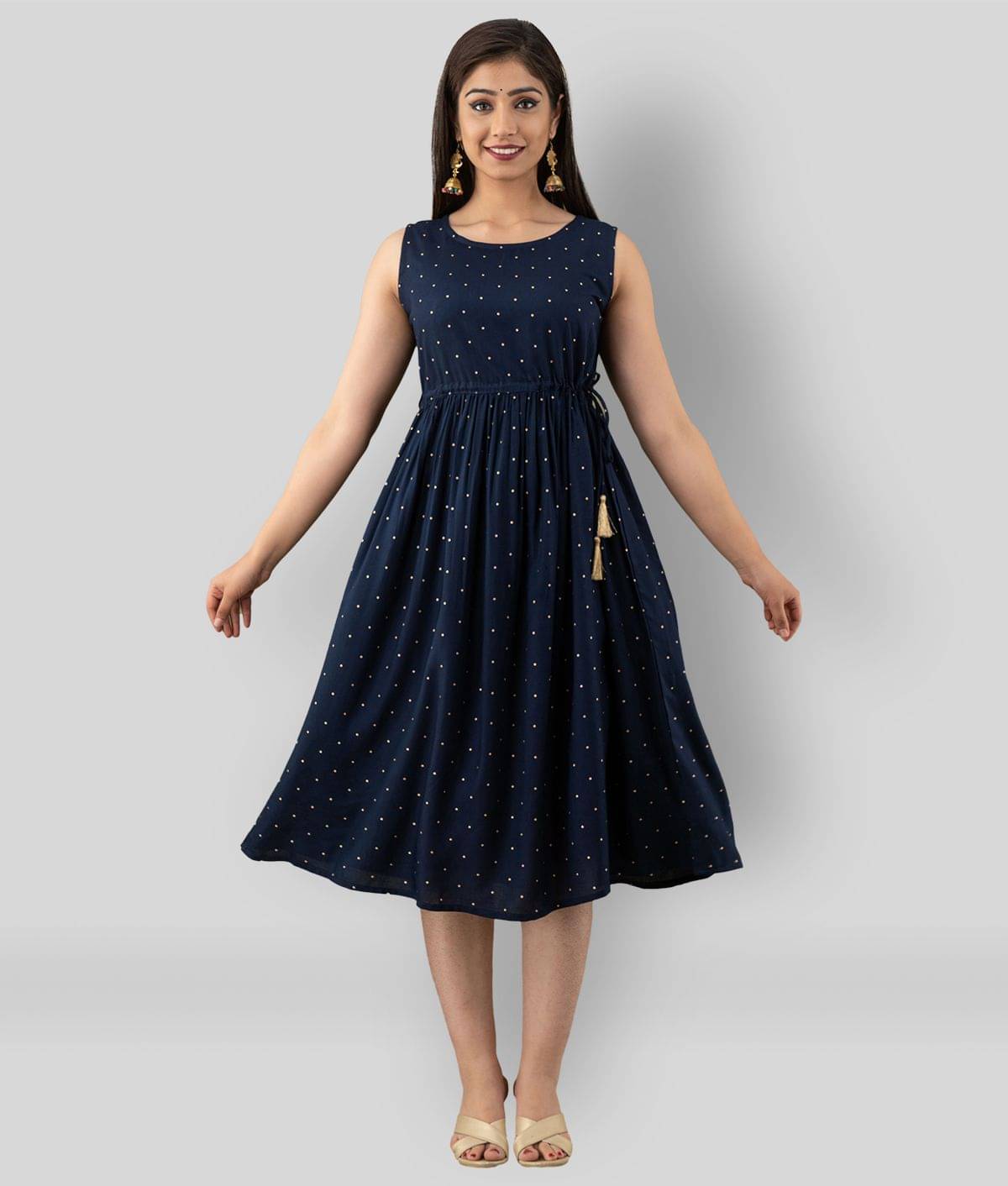     			FABRR Women Rayon Printed A-line Dress ( Navy Blue )
