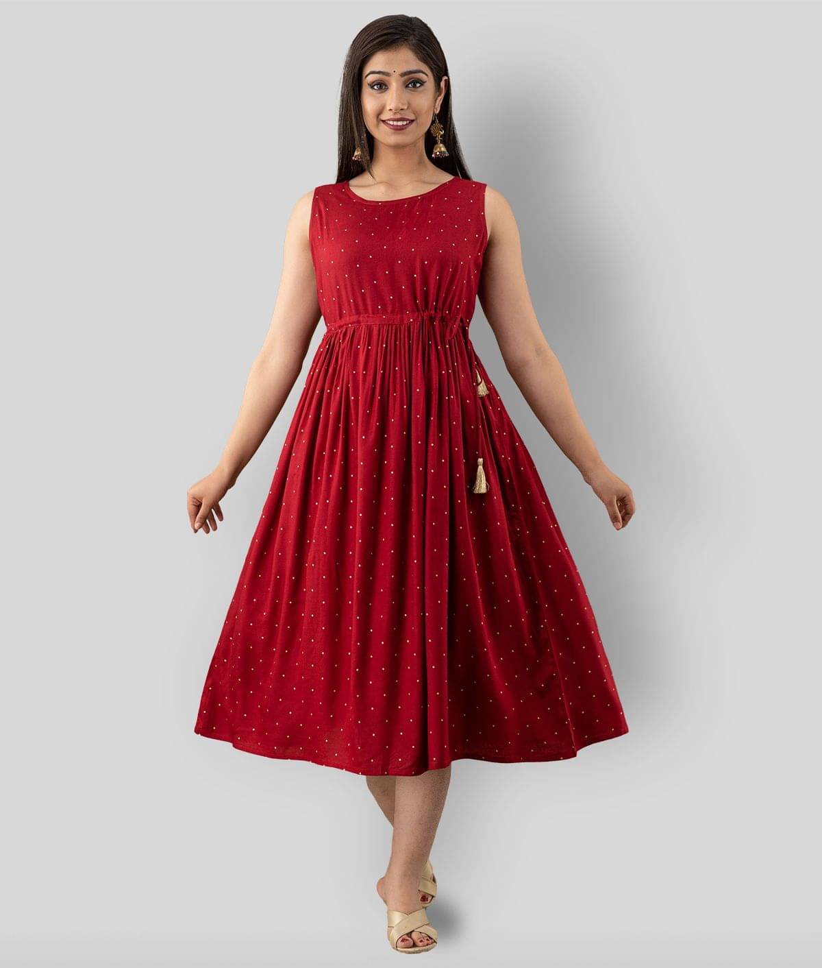     			FABRR Women Rayon Printed A-line Dress ( Red )