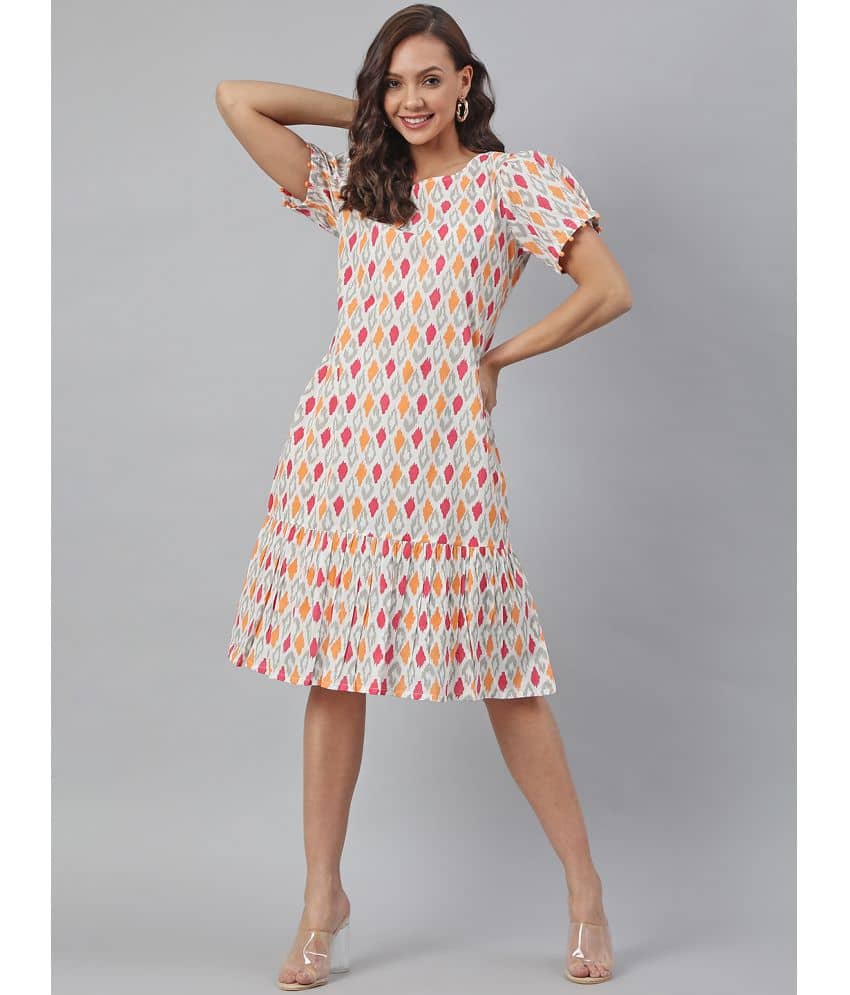 Janasya Women Cotton Printed A-line Dress ( Off White )