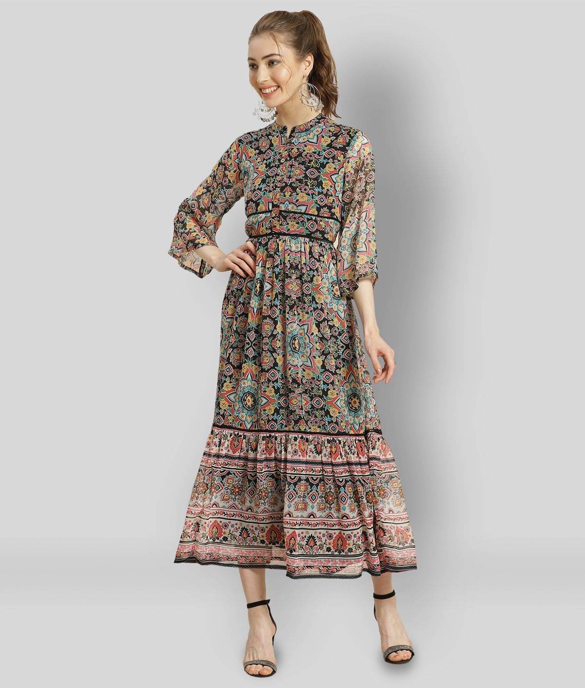     			Juniper Women Chiffon Printed Fit & Flare Dress ( Multicolor )