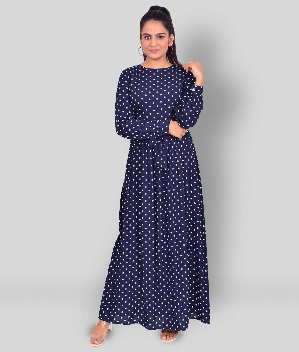     			NUEVOSDAMAS Women Rayon Printed Fit & Flare Dress ( Navy Blue )