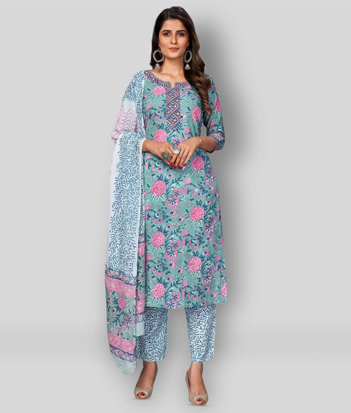 Vbuyz - Light Blue Straight Cotton Women's Stitched Salwar Suit ( Pack of 1 )     			Vbuyz - Light Blue Straight Cotton Women's Stitched Salwar Suit ( Pack of 1 )