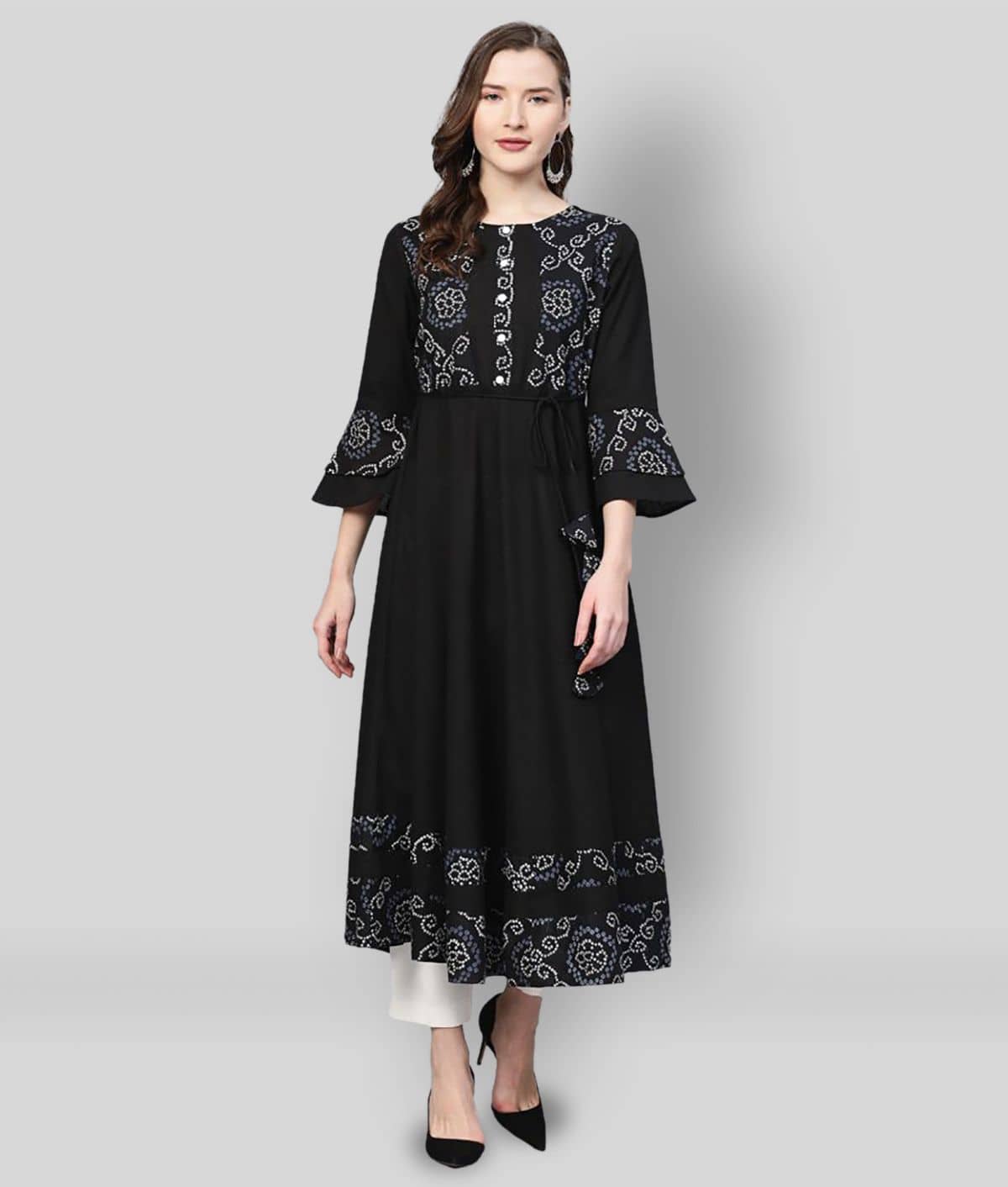 Yash Gallery Pack of 1 Cotton Blend Printed Flared Women's Kurti - ( Black ) - Kurtis, Tunics | Buy online on ZillyBuy