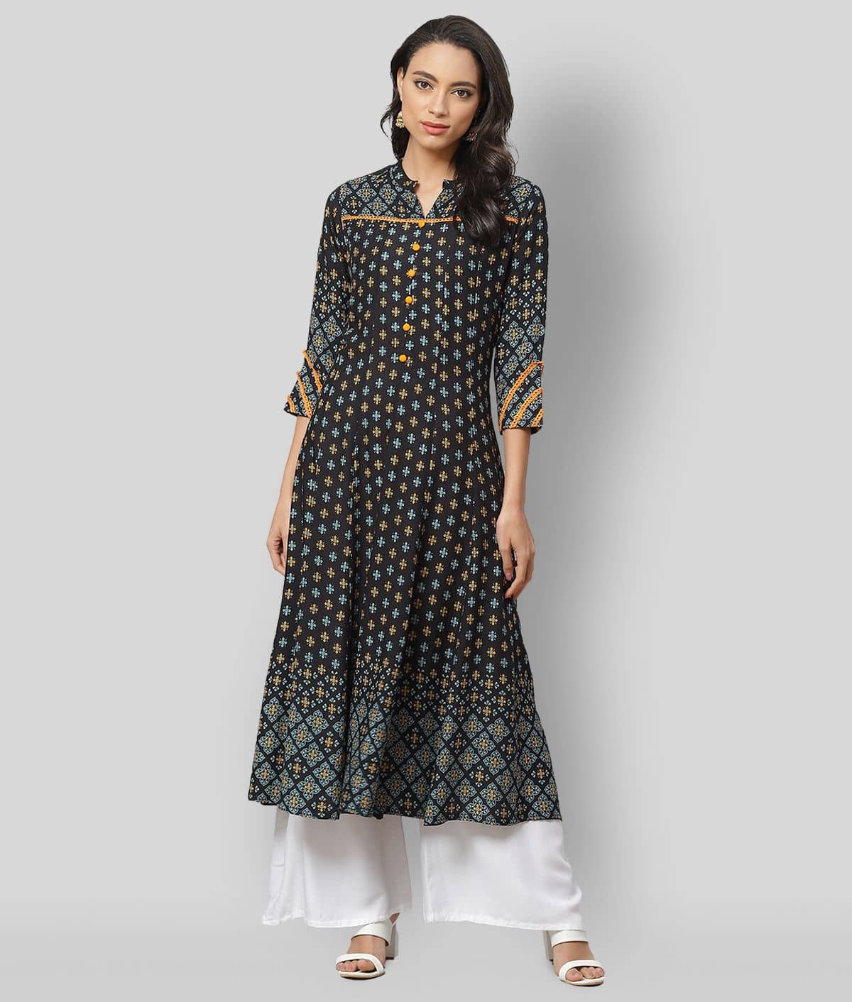 Yash Gallery Pack of 1 Rayon Printed Flared Women's Kurti - ( Black ) - Kurtis, Tunics | Buy online on ZillyBuy