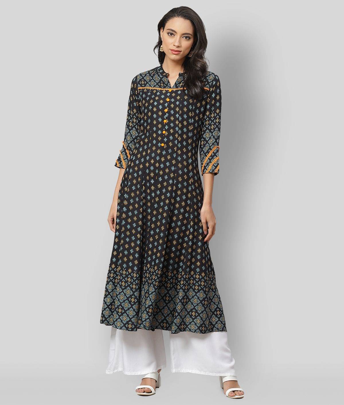 Yash Gallery Pack of 1 Rayon Printed Flared Women's Kurti - ( Black ) Yash Gallery Pack of 1 Rayon Printed Flared Women's Kurti - ( Black )