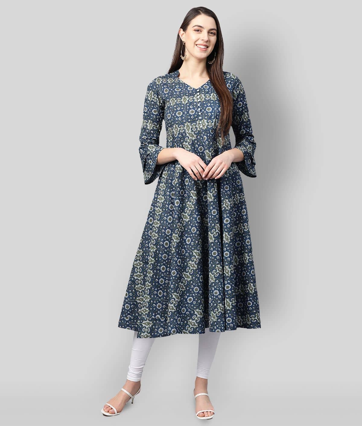 Yash Gallery Pack of 1 Cotton Blend Printed Flared Women's Kurti - ( Blue ) - Kurtis, Tunics | Buy online on ZillyBuy