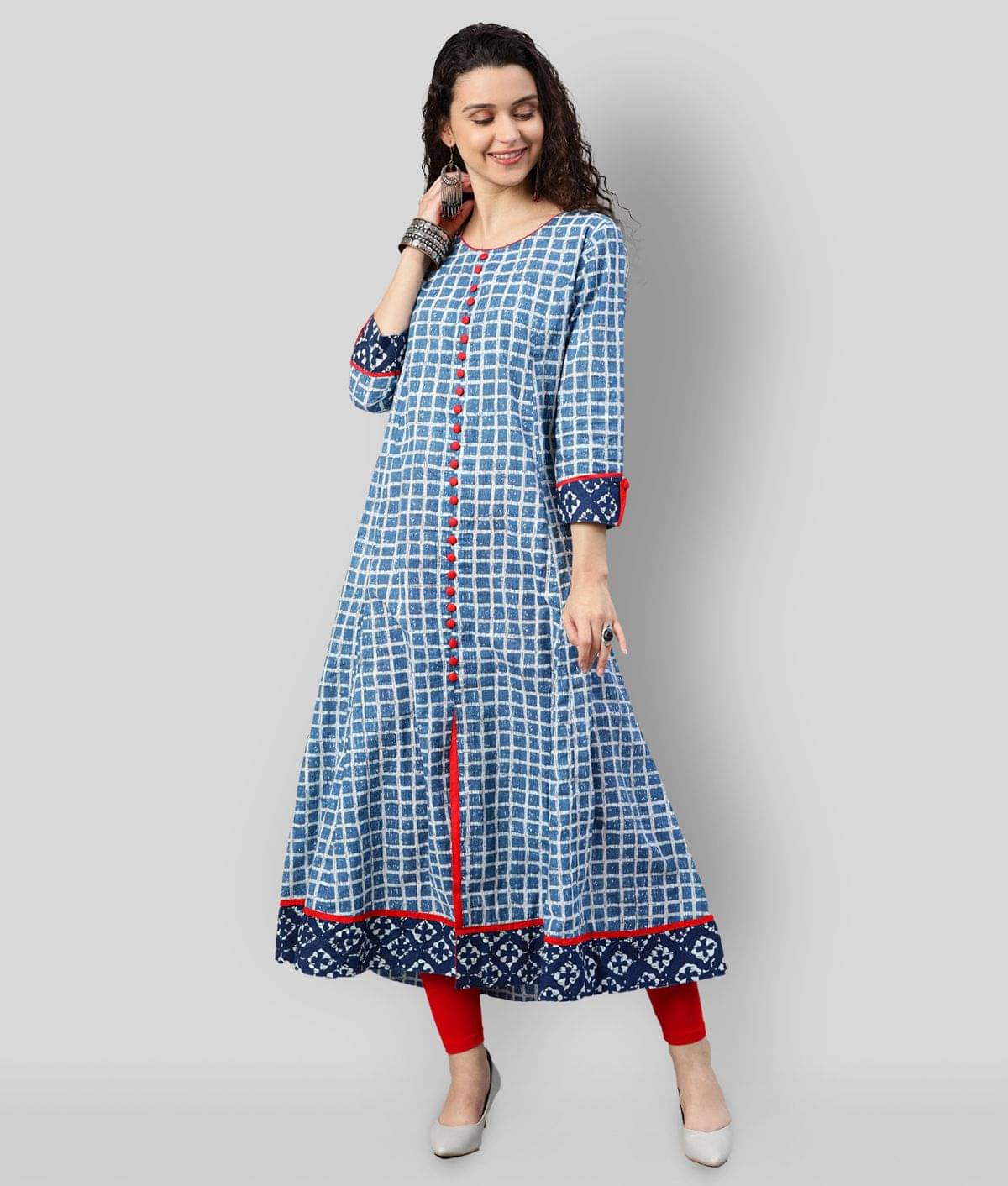     			Yash Gallery Pack of 1 Cotton Checks Front Slit Women's Kurti - ( Blue )
