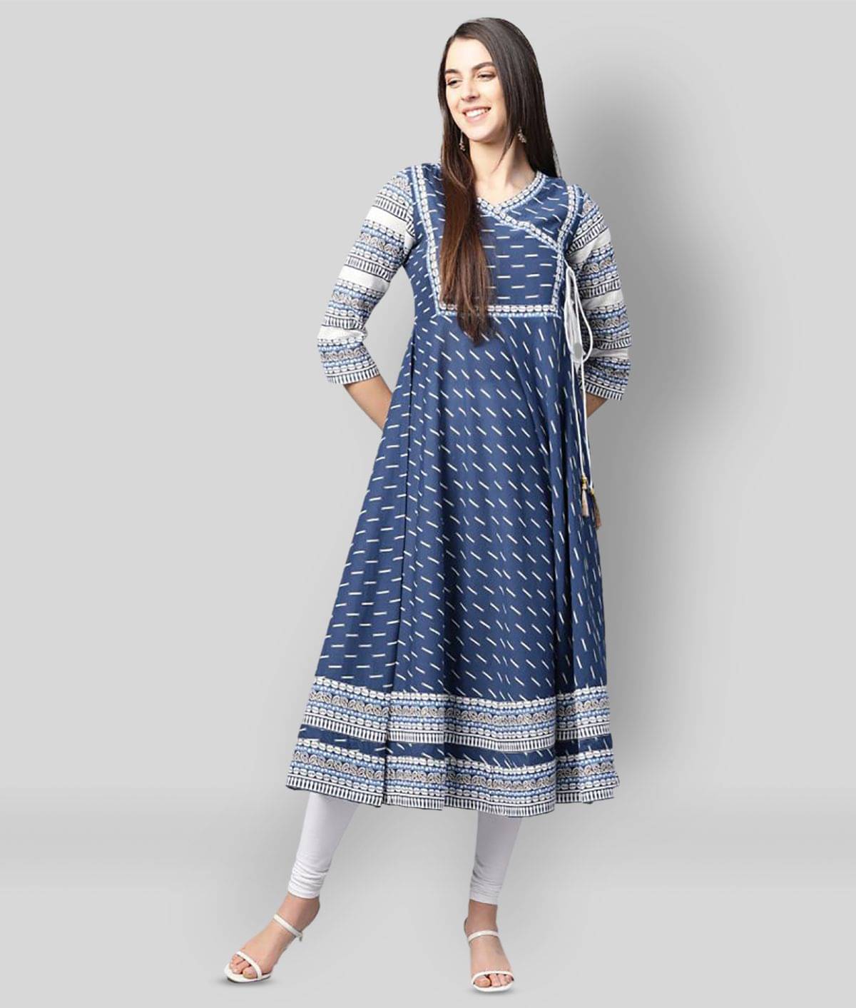 Yash Gallery Pack of 1 Cotton Printed Angrakha Women's Kurti - ( Blue ) Yash Gallery Pack of 1 Cotton Printed Angrakha Women's Kurti - ( Blue )
