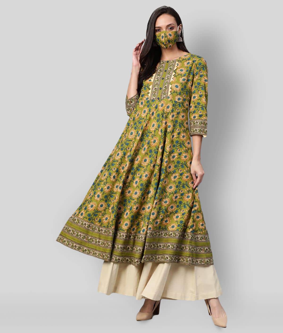 Yash Gallery Pack of 1 Cotton Printed Flared Women's Kurti - ( Green ) - Kurtis, Tunics | Buy online on ZillyBuy