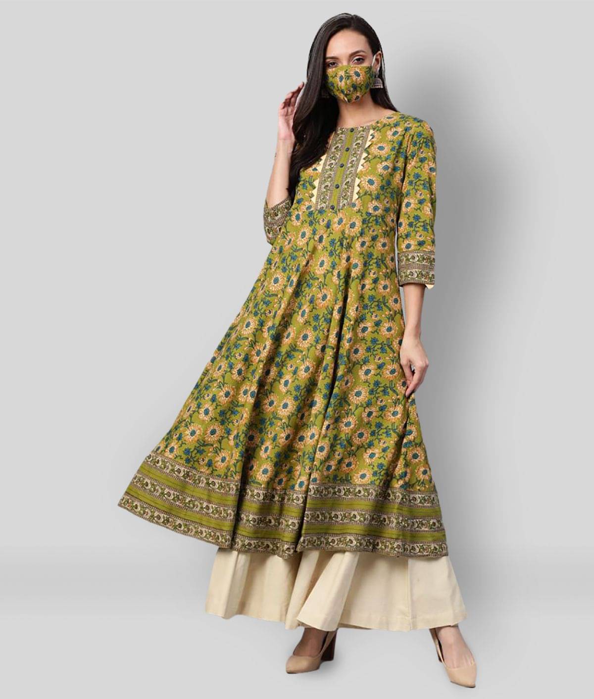 Yash Gallery Pack of 1 Cotton Printed Flared Women's Kurti - ( Multicolor ) Yash Gallery Pack of 1 Cotton Printed Flared Women's Kurti - ( Multicolor )
