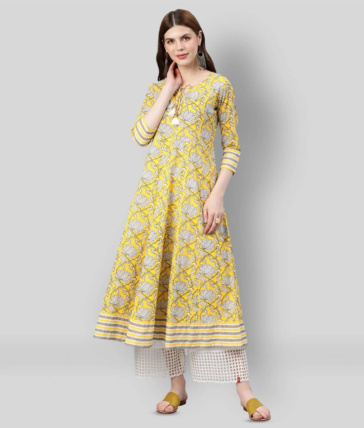 Yash Gallery Pack of 1 Cotton Printed Flared Women's Kurti - ( Yellow ) - Kurtis, Tunics | Buy online on ZillyBuy