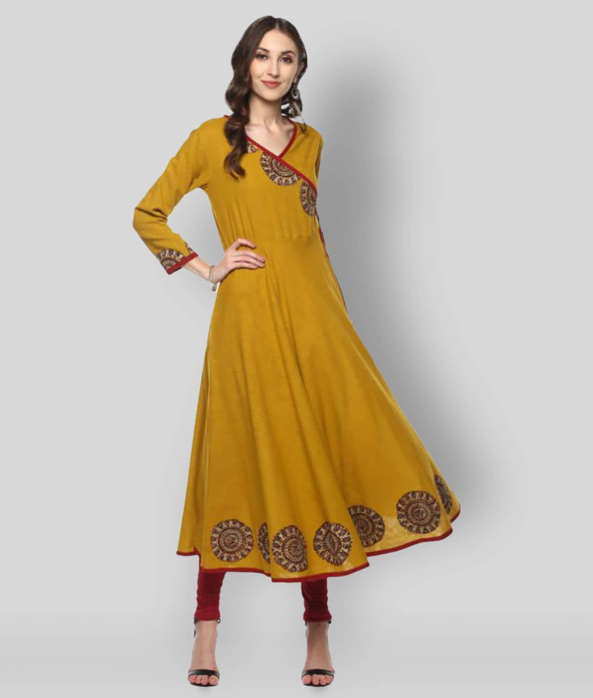 Yash Gallery Pack of 1 Cotton Printed Angrakha Women's Kurti - ( Yellow ) - Kurtis, Tunics | Buy online on ZillyBuy