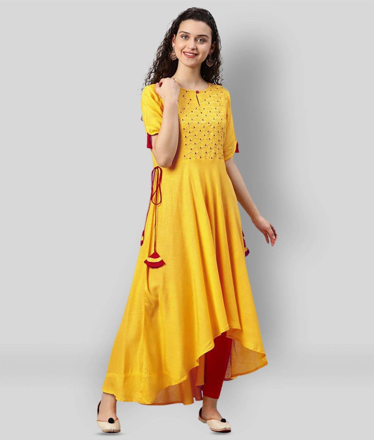     			Yash Gallery Pack of 1 Rayon Embroidered Asymmetrical Women's Kurti - ( Yellow )
