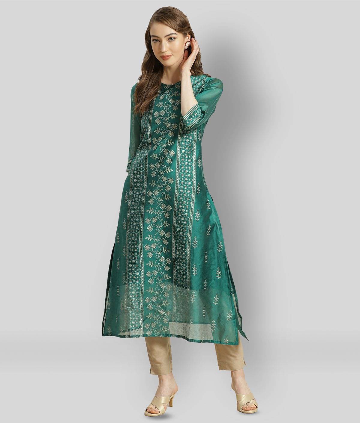     			Juniper - Green Chanderi Women's A-line Kurti ( Pack of 1 )